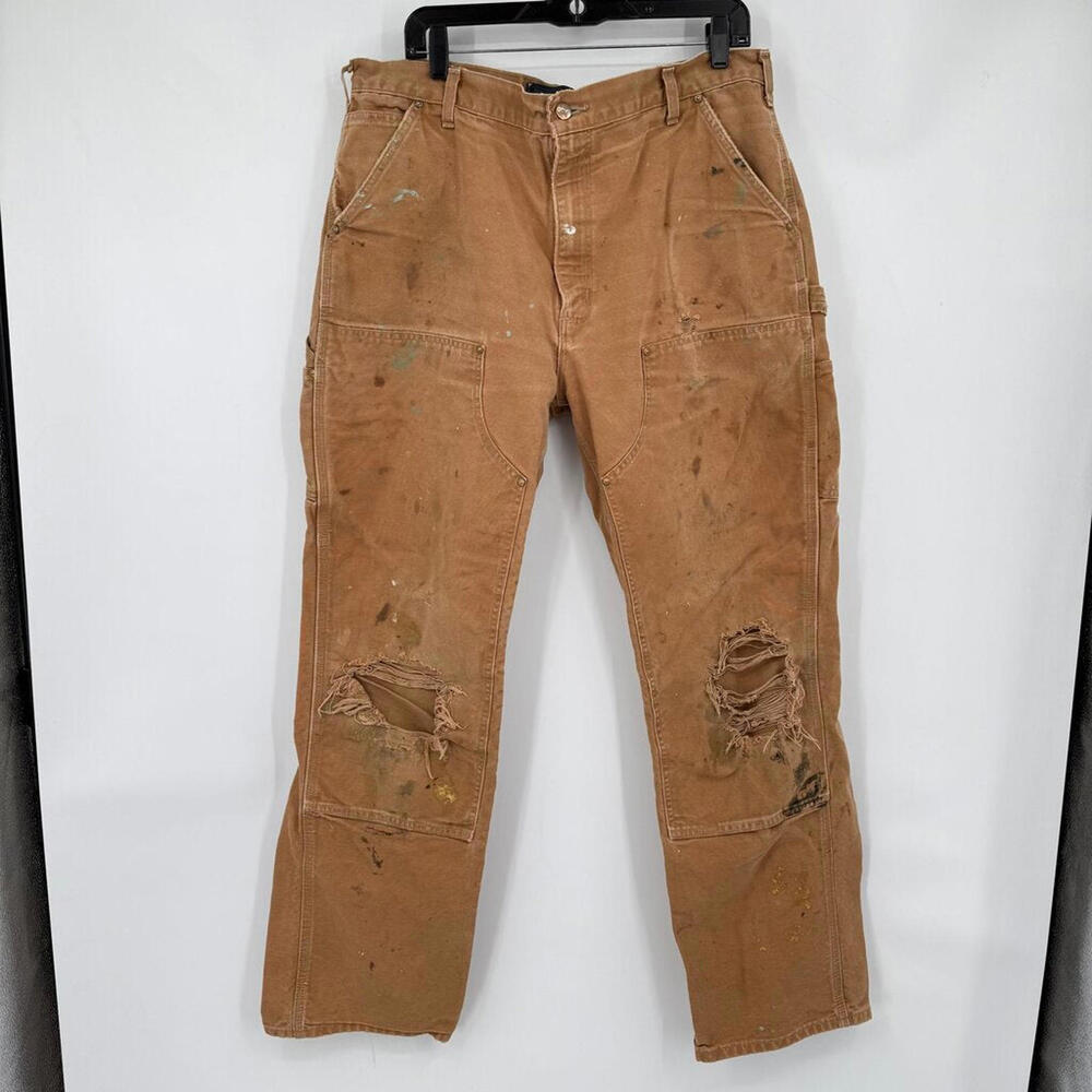 Men's Carhartt Distressed Double Knee Loose Fit Khaki Brown Utility Pants 38x34